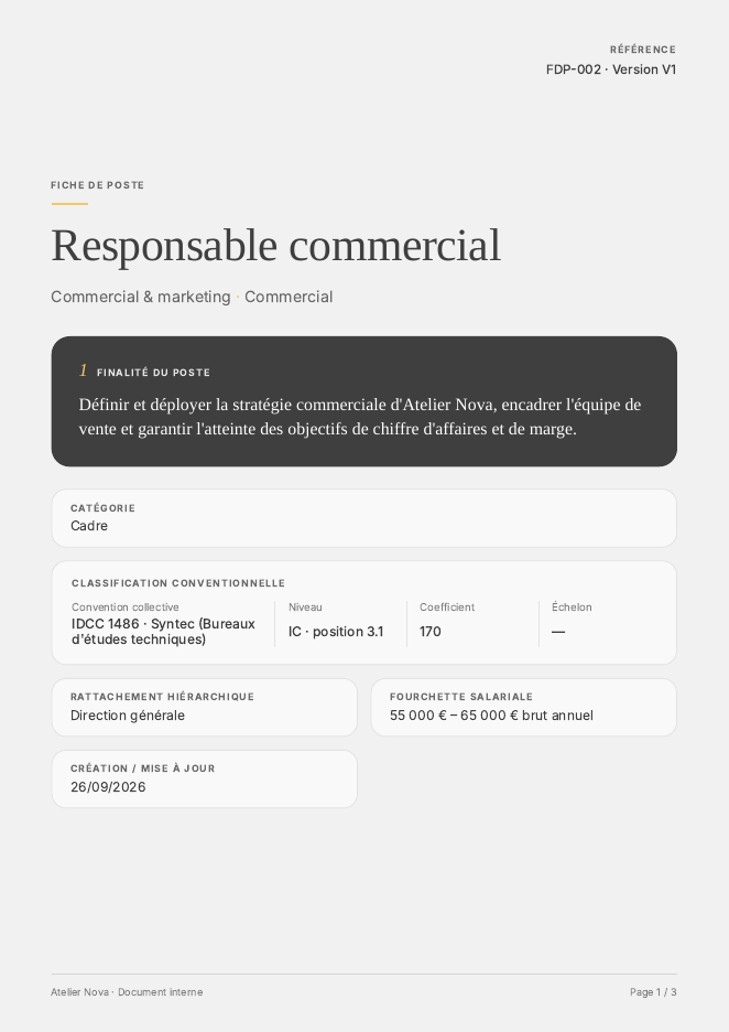 Exemple de fiche de poste du responsable commercial de l’entreprise fictive Atelier Nova